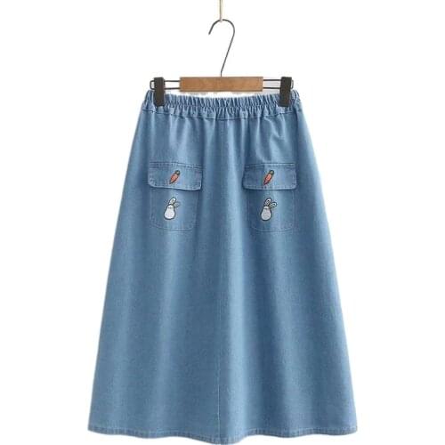 Women Denim Skirt Casual Double Pocket Cartoon Carrot Rabbit Embroidery Elastic Waist A-Line Skirt Girl Jeans Skirts 2012248