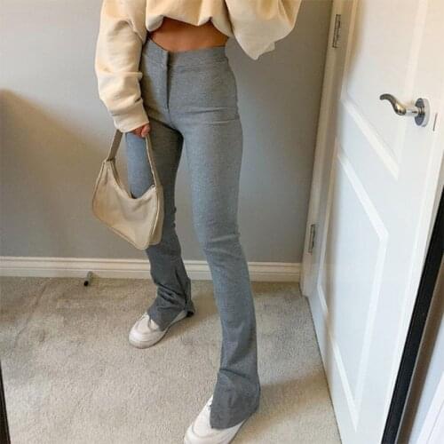 Womens Elastic High Waist Skinny Long Pants Solid Color Side Split Hem Flare Trousers Elegant Stretch Slim Leggings