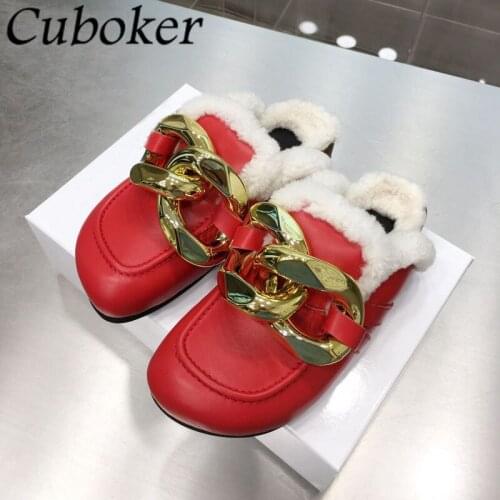 Metal Chain Decor Women Half Slippers Brand Designer Fur Inside Autumn Winter Outside Female Mules Runway Flat Slippers Women