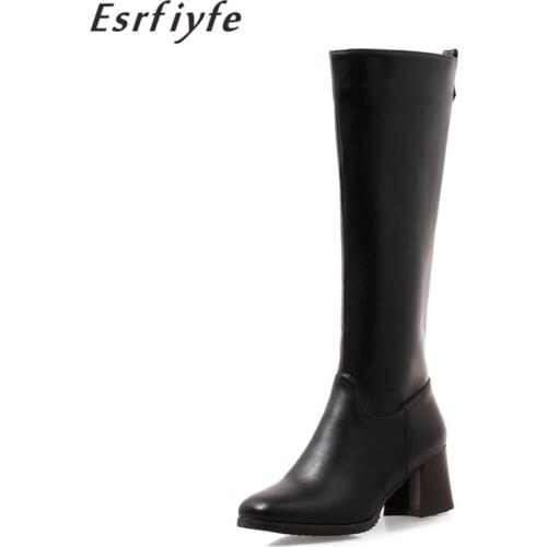 ESRFIYFE 2021 New Womens Knee High Boots Women Square High Heel Shoes Female Long Booties Zipper High Quality Large Size 34-50