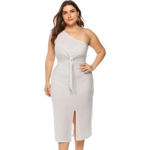 HUAN BEAUTY Womens Large Size Dress Bright Wire Shoulder Knot Irregular Open Fork Slant Shoulder Slash Neck Dress HB-OA11015