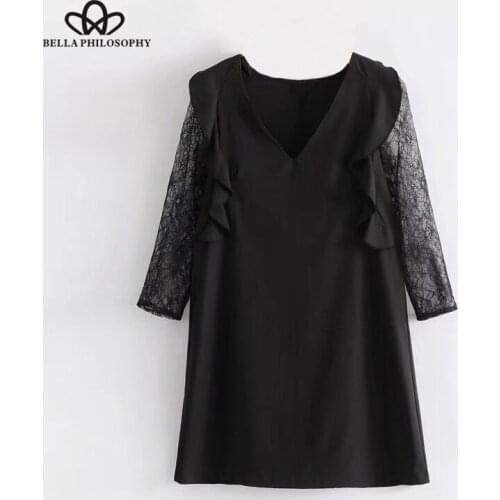 Bella Philosophy 2019 new spring women casual dress loose patchwork lace dress three quarter fashion empire black dress