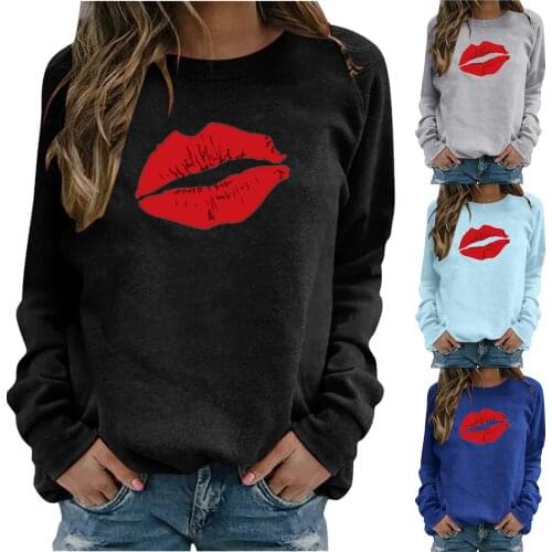 Winter Womens Casual Long Sleeve Tops Ladies Lips Print Sweatshirt Blouse O-neck Pullovers Hoodie Kawaii Худи Ropa Mujer 2021