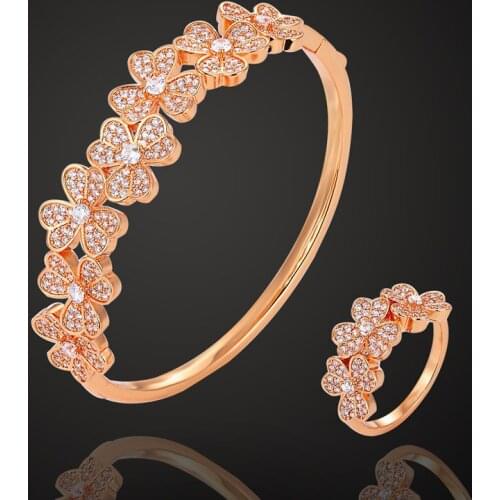 Zlxgirl rose gold color flower copper bangle with ring Sets for women gifts bridal accessory sets brand women bangle ring sets