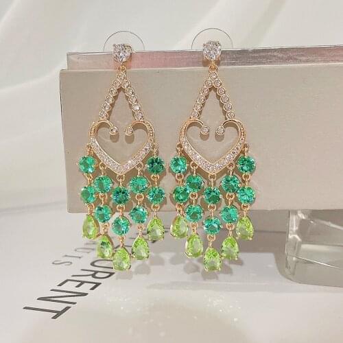 Bilincolor Green Zirconia Tassel Drop Earring for Women Wedding Summer Jewelry