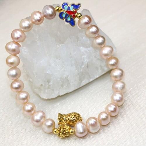 Orange natural freshwater pearl beads 8-9mm bracelet weddings party gift women free shipping diy cloisonne jewelry 7.5inch B2978