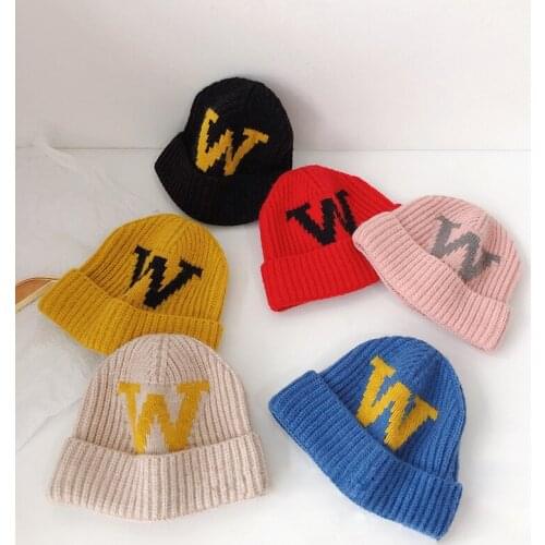 Kids Boys Girls Knitted Hats Letter W Pattern Baby Beanie Caps Autumn Winter Soft Warm Casual Children Hat