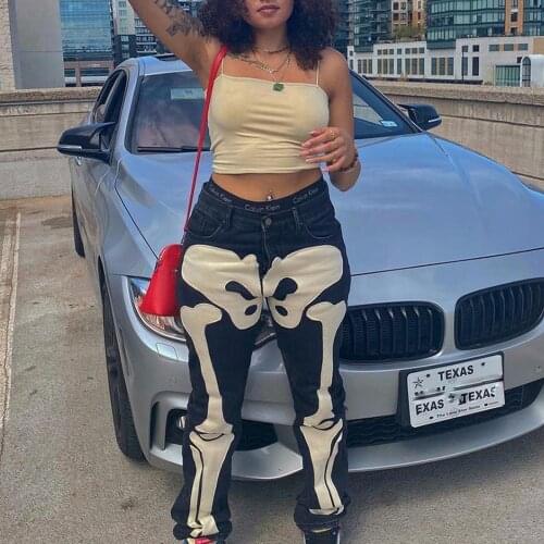 Dourbesty Y2K Gothic Skull Print Denim Pants Mid Waist Slim Fit 90s Vintage Women Long Trousers E-girl Punk Streetwear Jeans