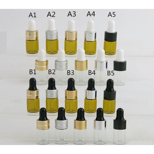 50pcs Amber Clear Glass Dropper Bottles With Black Gold Silver Cap Essential Oil Perfume Sample Bottle 2ml Aromatherapy