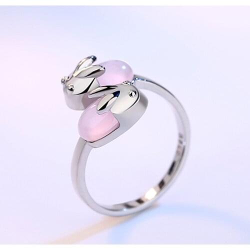 Exquisite Lovely Rabbit Animal Rings for Women Female Fashion Cute Pink Opal Stone Opening Finger Ring Jewelry Anillos Mujer
