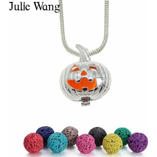 Julie Wang 1 Set White K Halloween Series Locket Free 6PCS Lava Stones Essential Oil Diffuser Necklace Pendants Perfume Jewelry