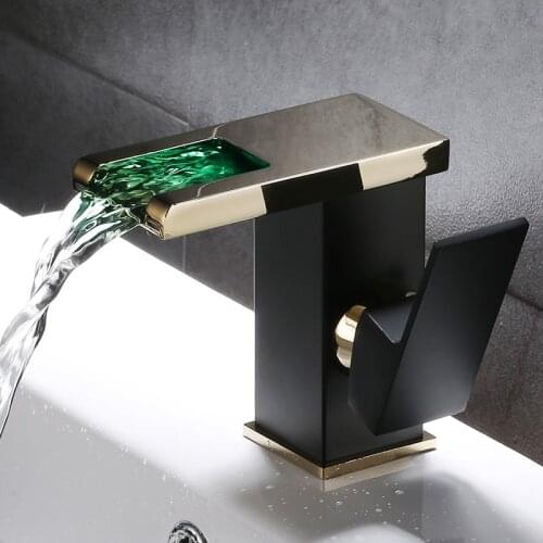 Copper Faucet Waterfall Water Outlet Washbasin Wash Basin Faucet Bathroom Cabinet Single Hole American Black Hot and Cold Faucet