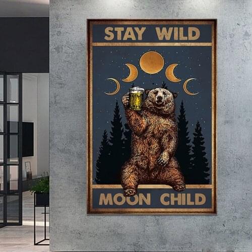 Bear Love Beer Vintage Poster Canvas Prints Bar Pub Wall Decorative Pictures Stay Wild Moon Child Poster Art Painting Home Decor