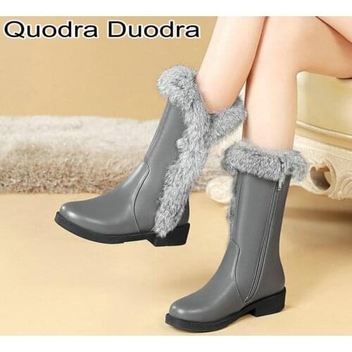 Fur boots winter women warm plush boots chunky high heels snow boot gray/black woman mid-calf shoes zipper solid plus 43 48