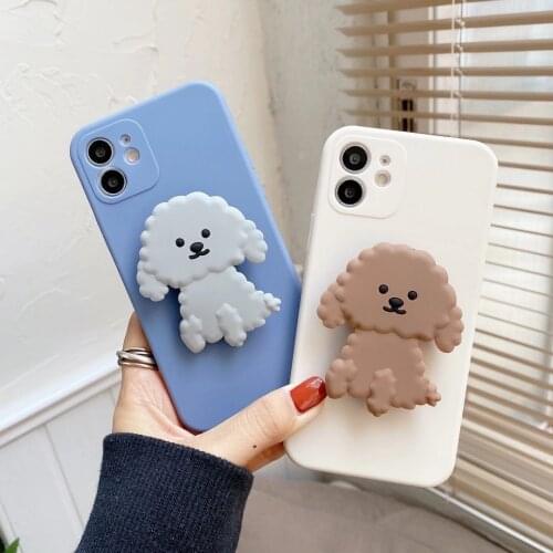 Fashion Cute Teddy Dog Poodle Puppy Bracket Phone Case For iPhone 7 8 Plus 11 12 mini Pro X Xs Max Xr Cover Fundas