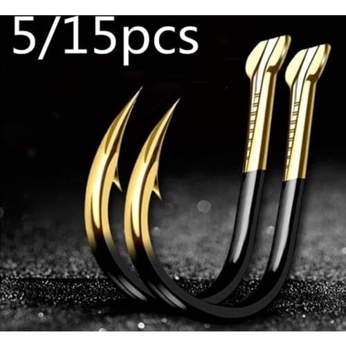 5/15PCS Cool Black Gold Double Slot Iseuni Flying Fish Carbon Steel Sleeve Fishing Hook Soft Bait Crank Lure Hooks Fishing Gear