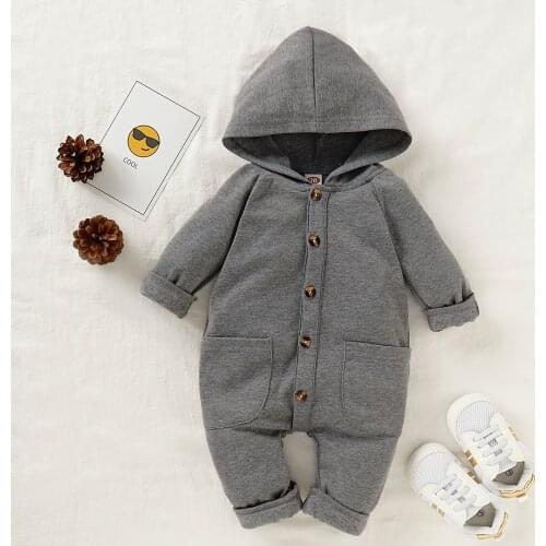 New Baby Autumn Clothing Spring GirlsSolid Long Sleeve Hooded Boy Button Pockets Romper Kid Winter Warm Rompers