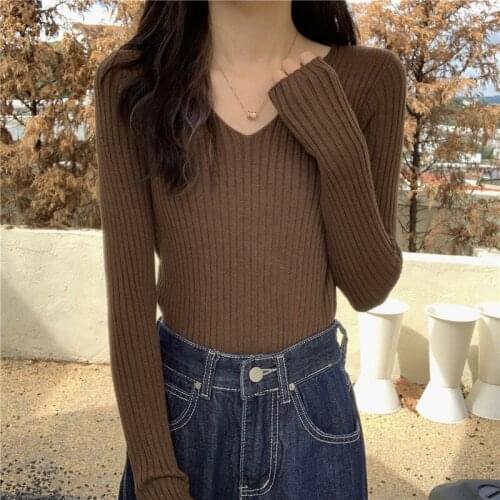2021 new v-neck solid color fall/winter pullover long-sleeved bottoming sweater all-match slim sweater women