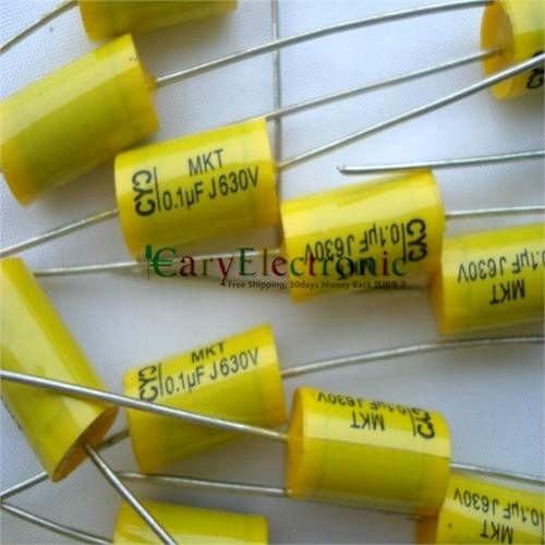 Wholesale 50pcs long leads yellow Axial Polyester Film Capacitors electronics 0.1uF 630V fr tube amp audio free shipping