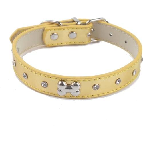 Bone Shaped Studded Dog Collar Diamante Pu Leather Adjustable Size S M Pet Puppy Necklace Small Pet Supplies