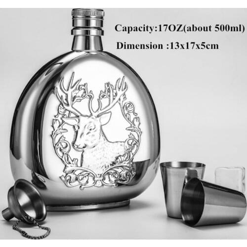 Relief Buck 17oz 500ml Stainless Steel 304 Hip Flask Set Whiskey Vodka Liquor Wine Water Bottle with gift box 2 cups 1 funnel