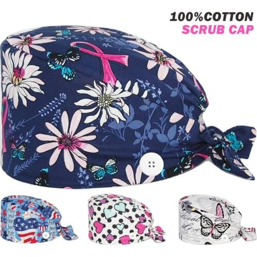 Unisex Scrub Hats Dentist Clinic Pet Shop Beauty Salon Pharmacy Lab Cap Dental Nursing Hat 100% Cotton Teeth Printing Scrubs Cap
