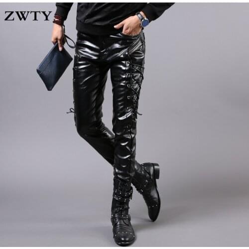 ZWTY Men`s Pleather Pants Punk Style Skinny Lace Up Party Stage Performance Night Club Steampunk Faux PU Leather Trousers