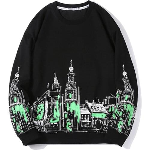QSuper Autumn&Spring Fashion Mens Sweatshirts O-neck Collar City Building Print Man sweatshirt Trend Design Young Men Clothing