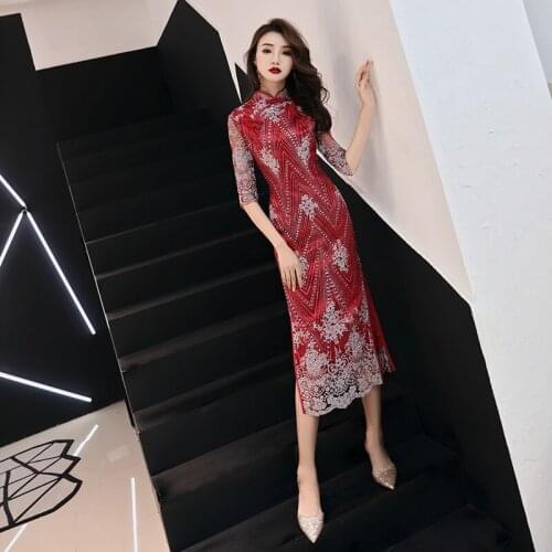 Traditional Chinese Wedding Gown 2019 Wine Lace Half Sleeve Stretch Cheongsam Qipao Dress Midi Elegant Chinese Dresses FF1706