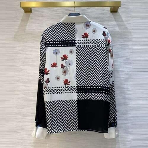 Shirt 100% Women Silk Runway Fashion Spring Summer Office Elegant Flower Wave Print Ladies Shirts