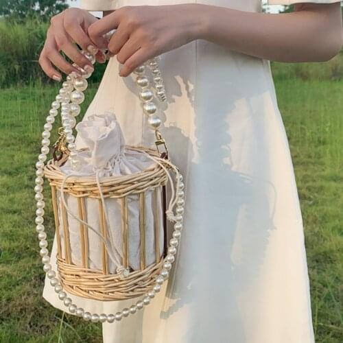 Pearl Bag Female 2021 New Seaside Holiday Bag Ins Hand-Woven Bag Straw Bag Rattan Handbag Women