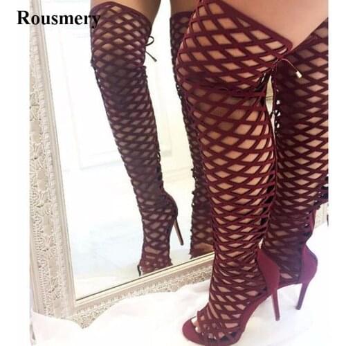 Hot Sale Women New Fashion Open Toe Suede Leather Cage Design Over Knee Gladiator Boots Cut-out High Heel Long Boots