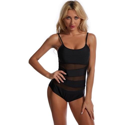 Sexy One Piece Women Swimsuit Classic Black Mesh Insert High Waist Adjustable Shoulder Strap Bathing Suit 2021 Push Up Padding