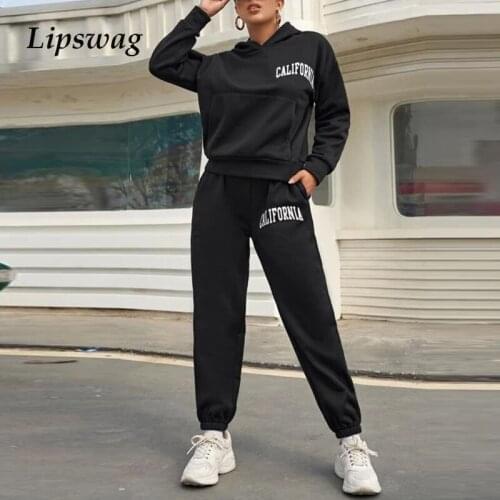 Streetwear Two Piece Sets Women Harajuku Long Sleeve Letter Print Hooded Sweatshirts + Long Jogging Sweatpant Loose Suits Mujer