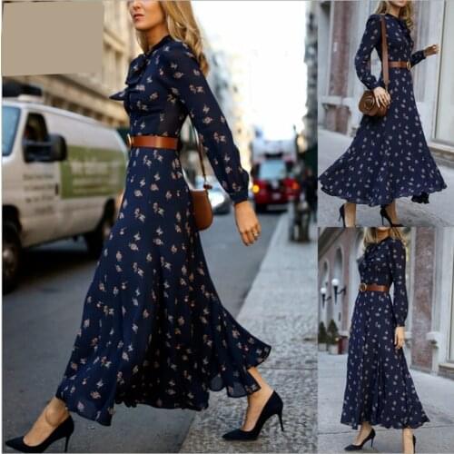 Summer and Autumn New Ladies Dress Temperament Casual Long-sleeved Fashion Printing Long Elegant Skirt Woman Clothing WE335