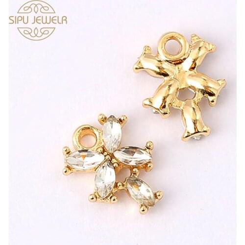 10Pcs/lot Gold Transparent Crystal Lucky Four Leaf Clover Charms Shiny Plant Pendants Jewelry Making Earring Accessory Wholesale
