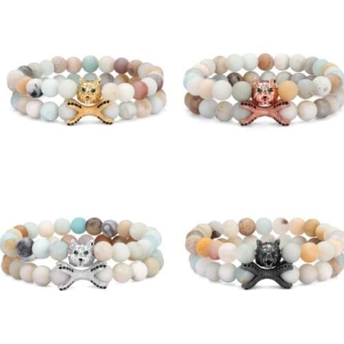 2pcs/lot 8mm wolf head crown gold silver copper cz zircon cubic zirconia beads bohemian Bracelet Stone Bangles e3d2
