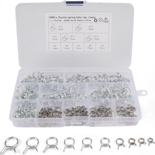 2021 New Φ5-Φ14 Double Wire Spring Pipe Clamp, Fastener Hose Clamp Kits for Pipe, Plumbing and Automotive Application,150Pcs