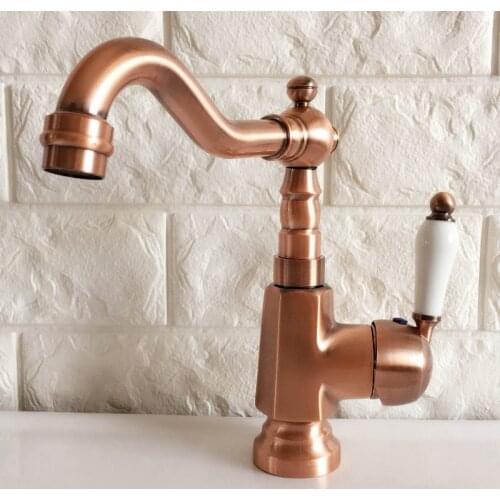 Antique Red Copper Brass Bathroom Kitchen Basin Sink Faucet Mixer Tap Swivel Spout Single Handle One Hole Deck Mounted mnf396