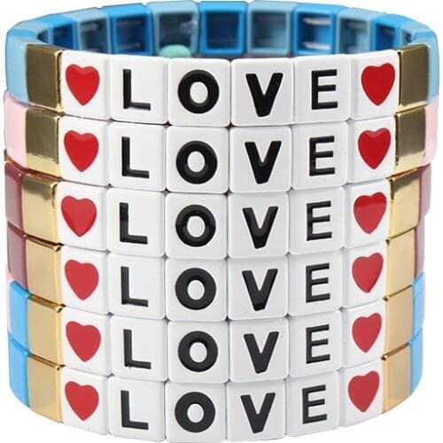 Enamel Tile Bead Initial Bracelet LOVE Letter Bracelet Stretch Bohemian Nomination Charm Wrap Bracelet Couple Jewelry Sister