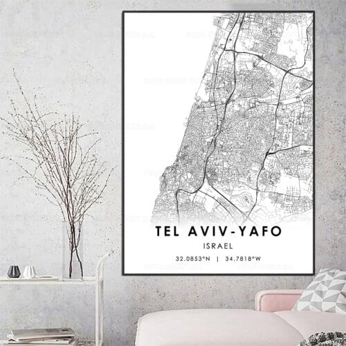 Black and White City Map Israel The Tel Aviv-Yafo Map Poster HD Print Wall Art Canvas Nordic Landspace Painting for Home Decor