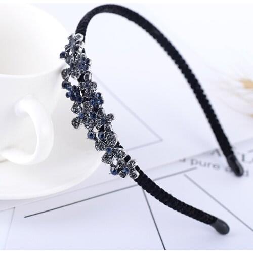 EASYA New Fashion Blue Rhinestone Flower Hairband Vintage Metal Sparkling Crystal Headband For Women Girls