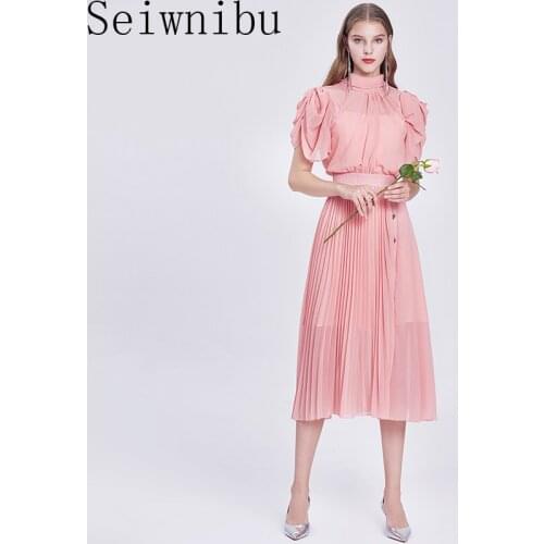 Elegant Ladies Pleated Midi Dress Puff New Summer Women Pink Chiffon Ruffles Diamonds Button Fashion Stand Collar Dress