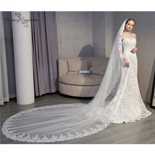 One Layer Bridal Veils With Comb Lace Wedding Veils Cathedral Wedding Accessories Ivory 3.5 Meters Long Bride Veils 2020