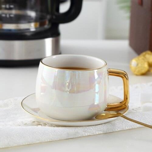 Ceramic Cup Marbling Mug Round Tea Coffee Cup Saucer Handcraft Pearl White Milk Mug With Spoon Creative Shape Fruit Tea Set