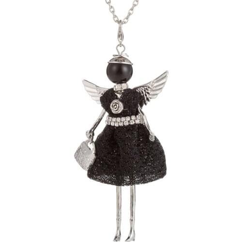 HOCOLE Modern Design Doll Necklace Angel Wing Long Chain Pendant Rhinestone Necklaces Women Girl Crystal Bag Statement Jewelry