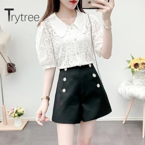 Trytree 2020 Summer Women Two Piece Set Casual Peter pan Collar Single Breasted Lace Tops + Shorts Wide leg pants 2 Piece Set