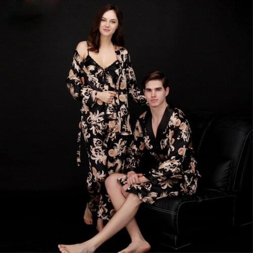 Hot Selling Romantic Sentiment Couple Nightwear Luxury Design Ladies Summer Three-piece Pajamas Long Sleeved Men Nightgown