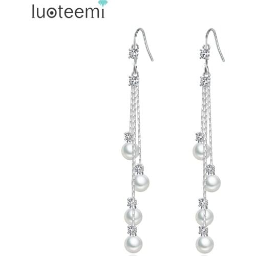 LOUTEEMI White Color Multi-layer Hook Earrings Long Water Drop Pendant Errings for Women Freshwater Artificially Cultivated Pear