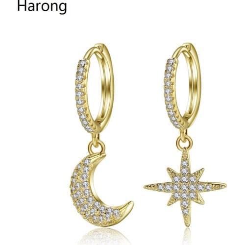 Trendy Cubic Zirconia Crystal Gold Star Moon Hoop Earrings Set New Design Moon Korean Wedding Party Jewelry For Woman Jewelry